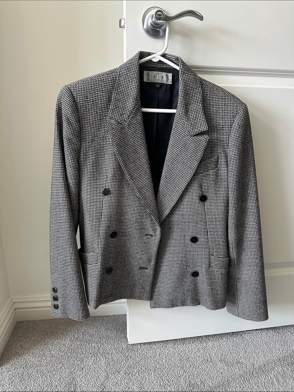 Tailored Double-Breasted Houndstooth Blazer - Black & White